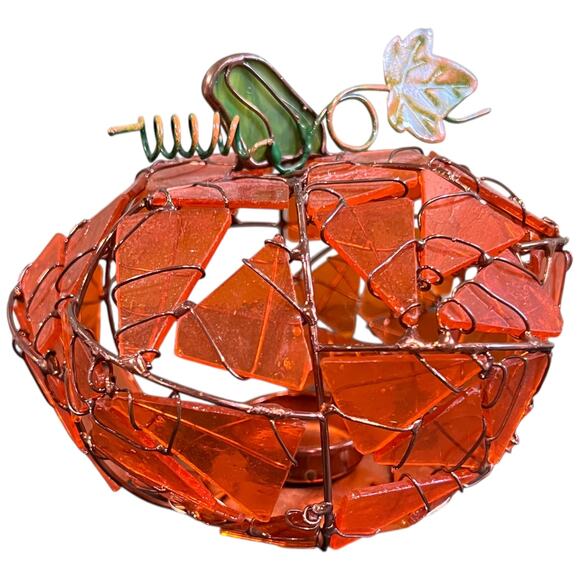 Handcrafted Stained Glass Pumpkin Candle Holder Fall Autumn Decor Art - Picture 11 of 11